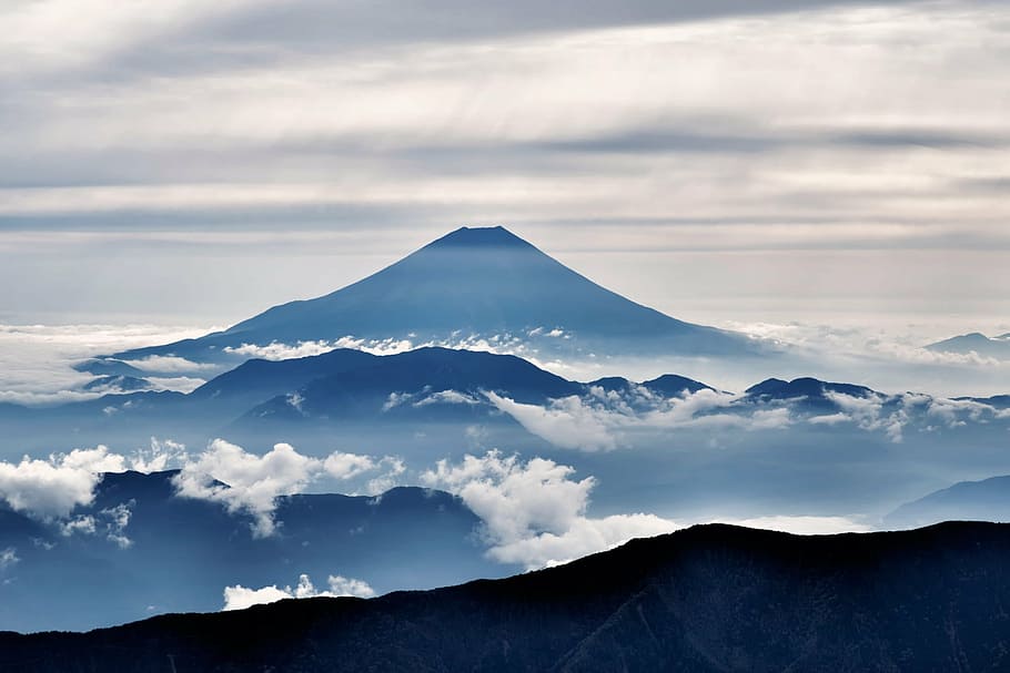 landscape photography, mt fuji, silhouette, cloud, landscape, the southern alps from outlook, volcano, october, japan, mountain
