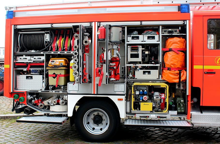 赤, 白, 消防車, 昼間, 火災, 機器, 自動, ツール, 救助, ブランド