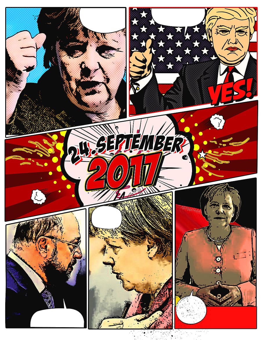 hilary clinton, cómic, póster de collage, bundestagswahl, 2017, política, alemania, angela merkel, martin schulz, donald trump