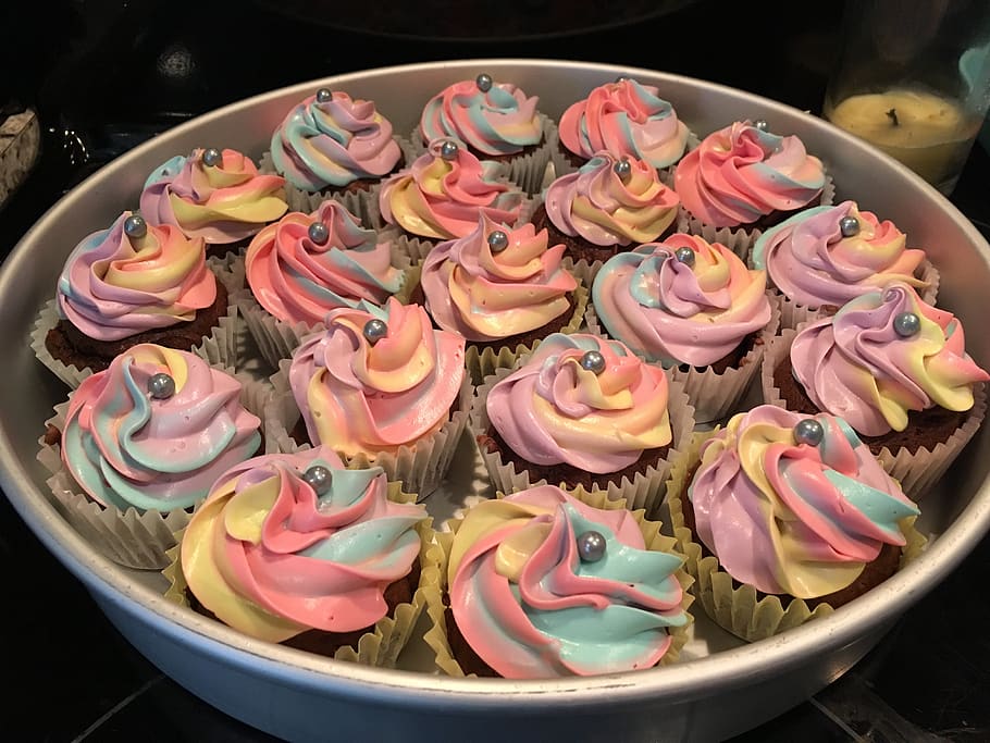 cupcake, frosting, rainbow, unicorn, dessert, food, cake, sweet, baked, frosted