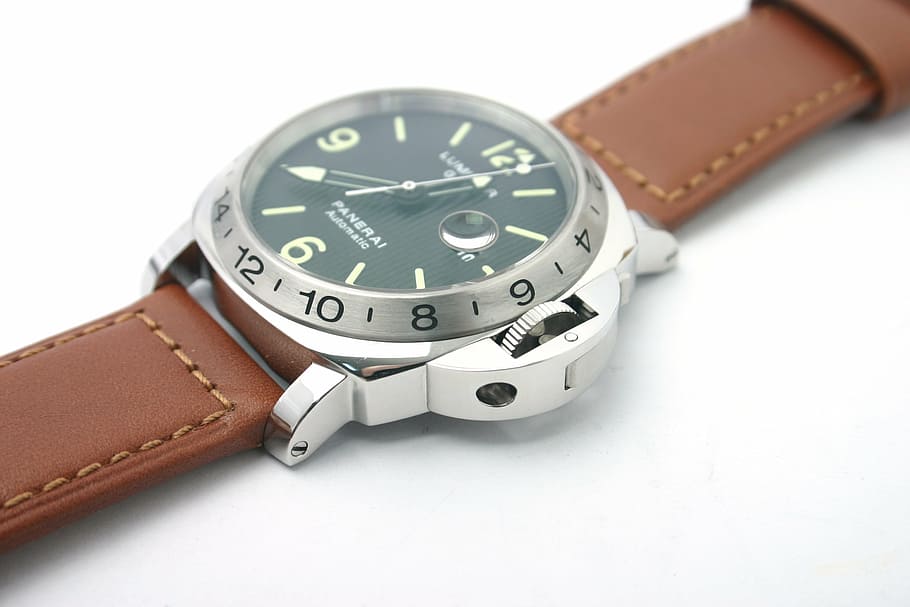 round silver-colored, watch, 12:45, panerai watches, clock, luxury watches, wristwatch, wrist, personal Accessory, time