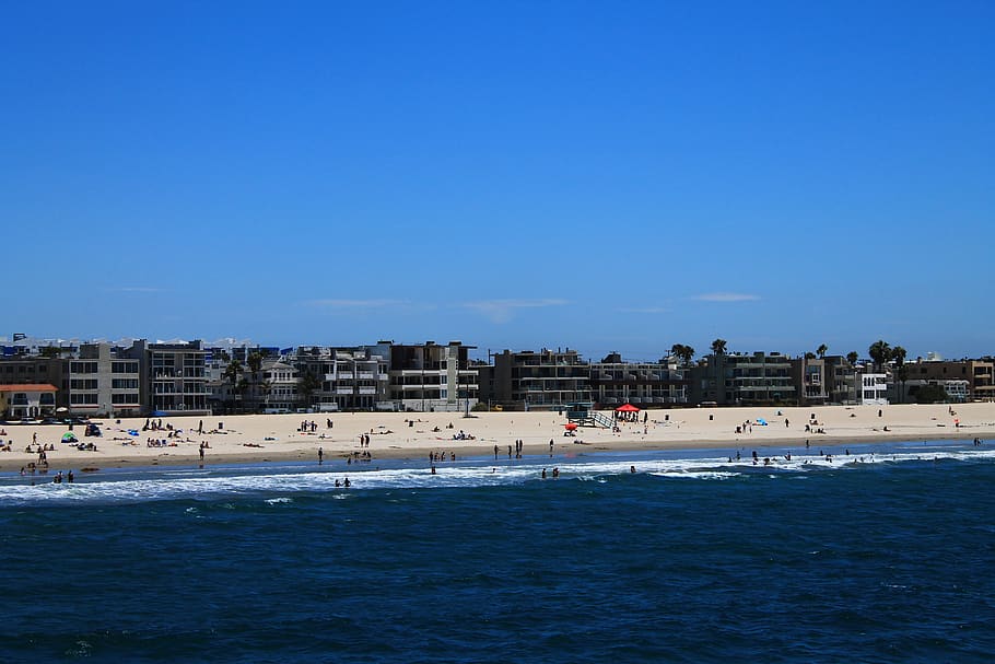 beach, santa monica, california, blue, sky, clear, sea, water, architecture, building exterior