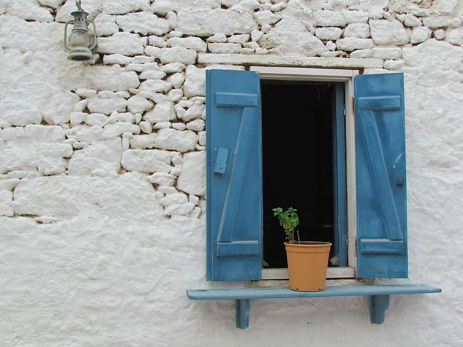 brown, flower pot, wall, mount, rack, window, karpathos, greece, greek island, santorini
