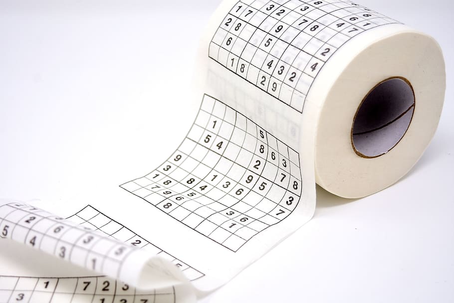 white, black, sudoku-printed tissue paper, toilet paper, sudoku, pastime, funny, role, paper, hygiene