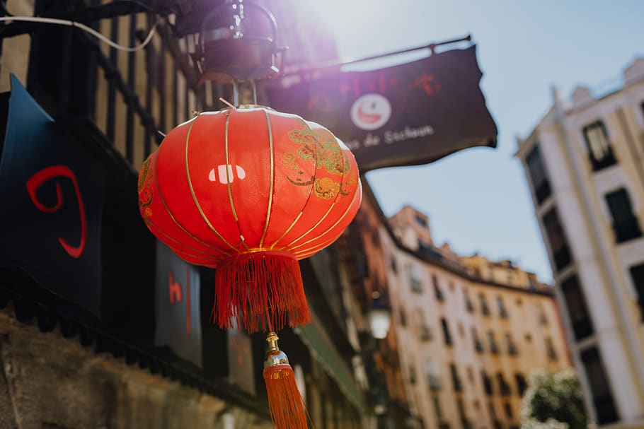 chinês, lâmpada, ásia, lanterna, tradicional, Vermelho, Madrid, Espanha, exterior do edifício, arquitetura