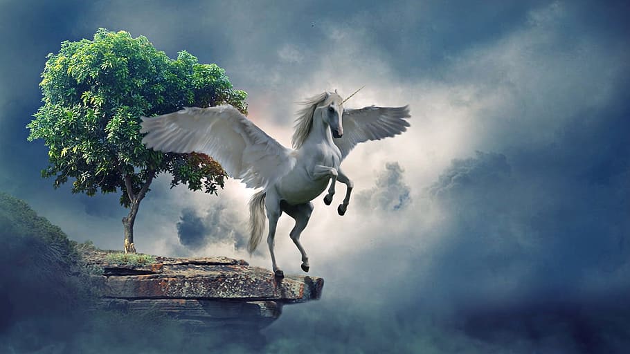 white, unicorn, green, tree, digital, wallpaper, pegasso, mythology, flying, animal