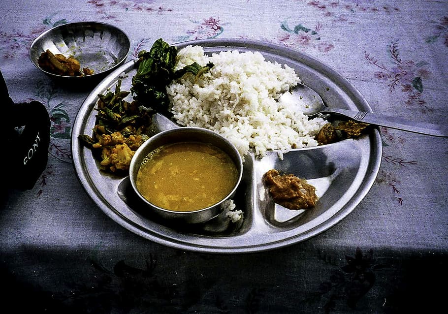 típico, tradicional, comida, Dal bhat, comida tradicional, Kathmandu, Nepal, fotos, refeição, domínio público