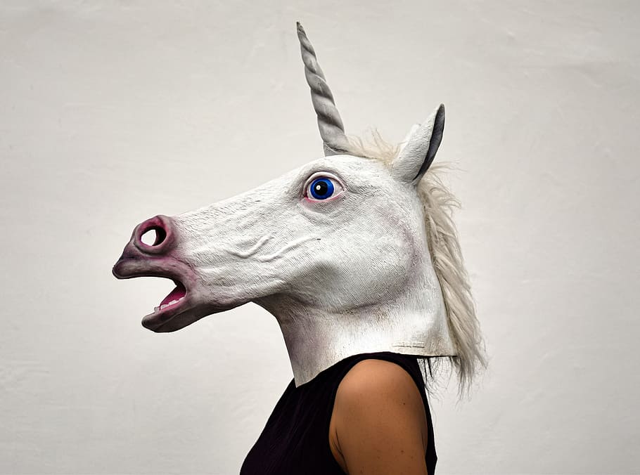 white unicorn mask, animal, mammal, cute, portrait, young, unicorn, girl, female, woman