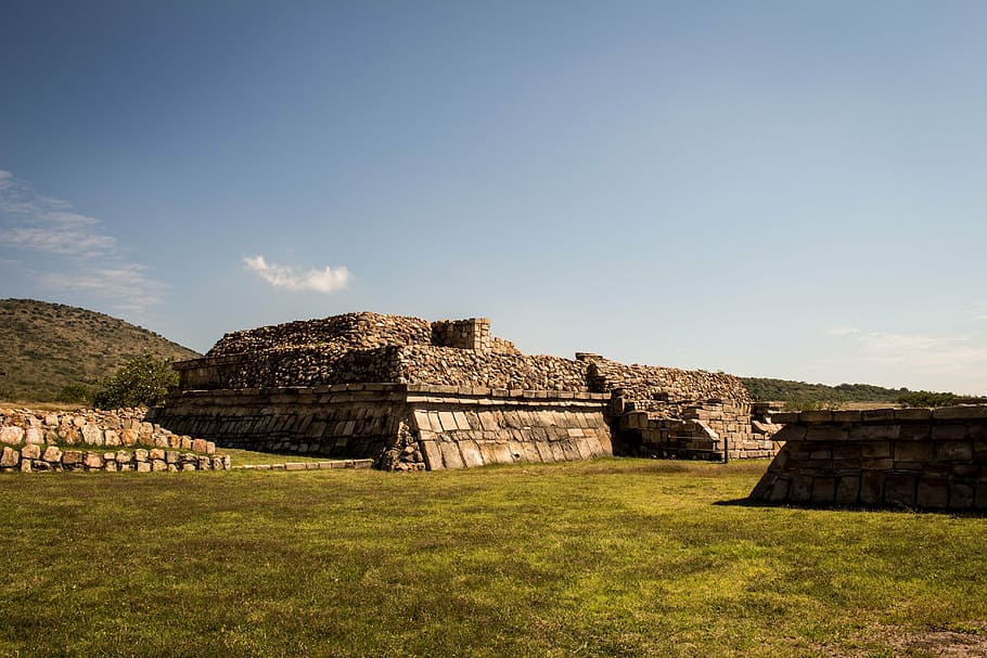 pyramid, guanajuato, grass, prehispanic, sky, clouds, sun, history, old ruin, architecture