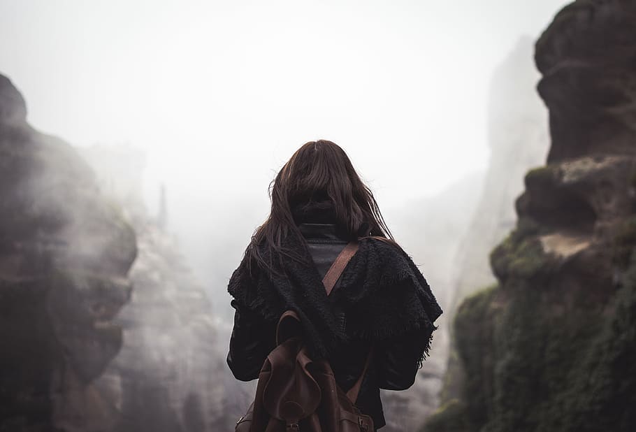 woman, black, dress, facing, rock mountains, people, travel, adventure, alone, one person