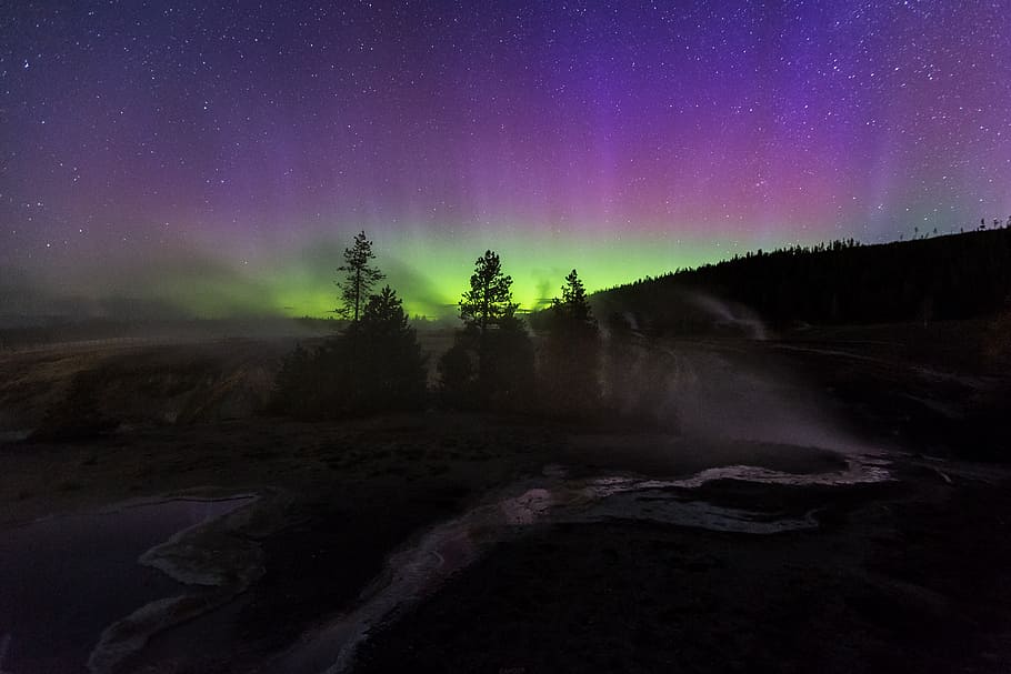 Aurora borealis, Upper Geyser Basin, mountain, trees, aurora, borealis, night, sky, beauty in nature, tranquil scene