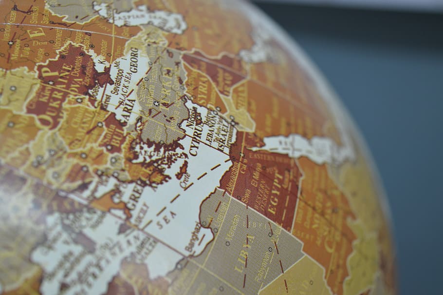 brown, white, close-up photo, globe, map, countries, earth, global, geography, map of the world