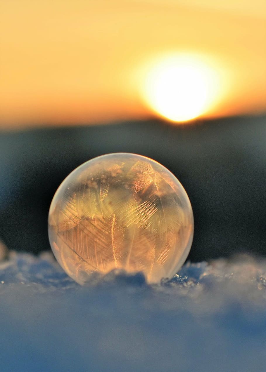 foto de primer plano, bola de cristal, dorado, hora, pompas de jabón, congelado, burbuja congelada, eiskristalle, invernal, frío