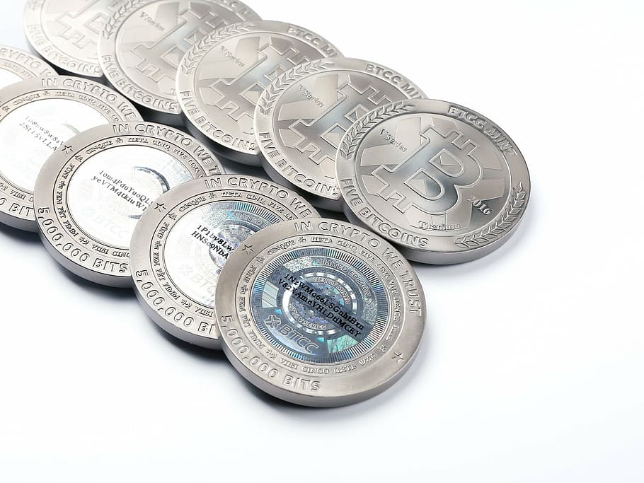 coin, collectable, numismatic, titanium, white background, silver colored, finance, large group of objects, business, stack