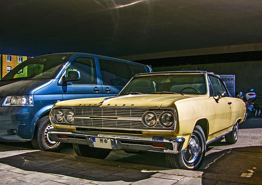 high-saturated photography, parked, classic, blue, brown, cars, chevrolet, malibu, us car, pkw