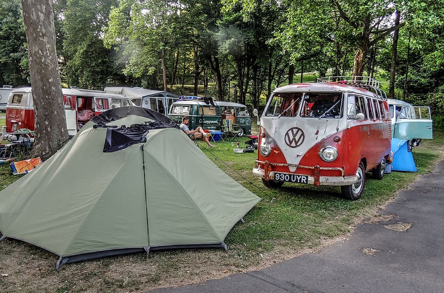 bus beside tent, Camping, Recreation, Camper, Outdoor, relaxation, time, holiday, grass, vwbus