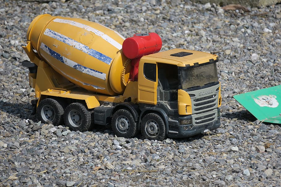 concrete mixer, toys, transport system, vehicle, transportation, mode of transportation, construction industry, yellow, toy, land vehicle