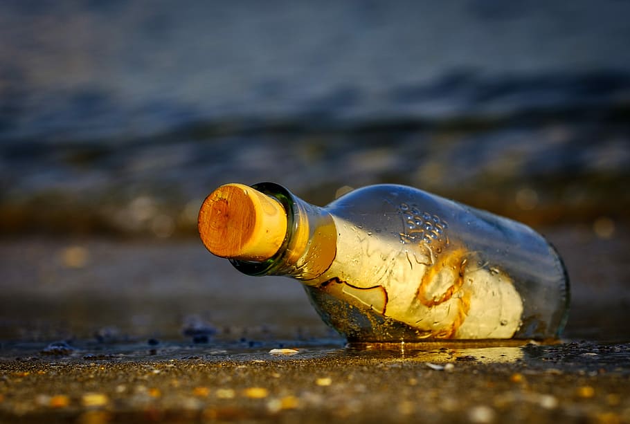 claro, botella de vidrio, corcho, mensaje en una botella, botella, mar, mensaje, ruina, carta, agua