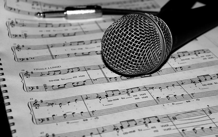 gray, black, microphone, music sheet, music, score, song, arts culture and entertainment, musical note, sheet music