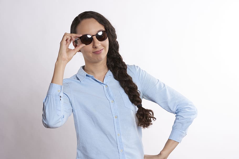 woman, blue, dress shirt, cool, person, relaxed, sunglasses, glasses, young, fun