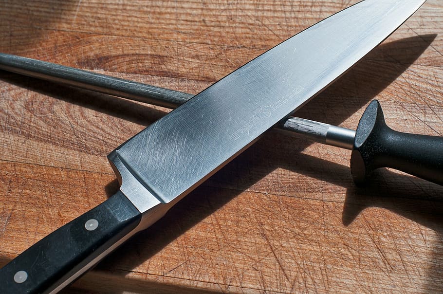 gray, knife, black, handle, cutting board, sharpening steel, wüstoff, chef, kitchen, chef knife