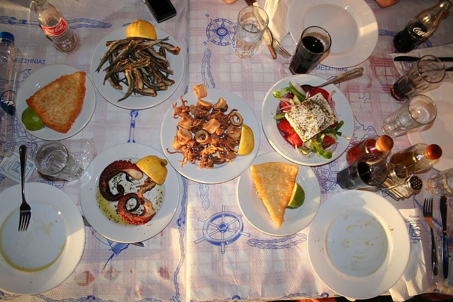 comer, jantar, lula, comida, nutrição, alimentação, peixe, grego, comida e bebida, mesa