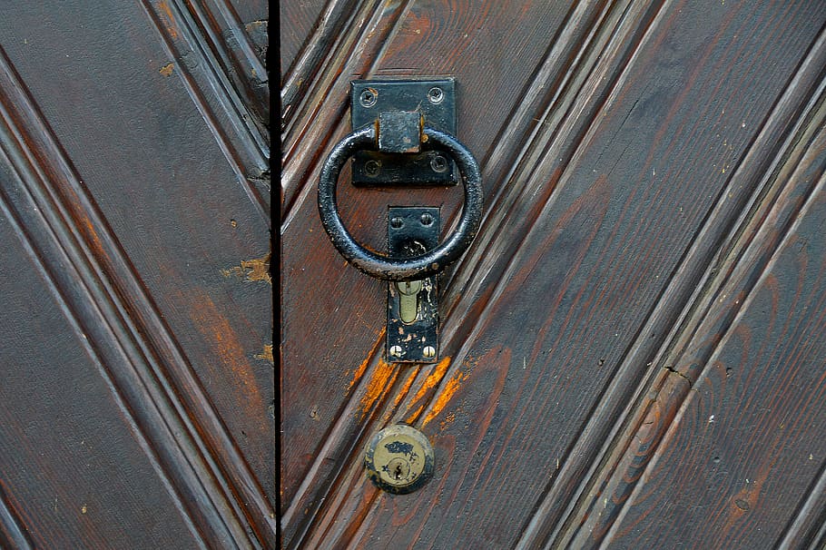 black, steel door knocker, doorknocker, door, castle, handle, heidelberg, door handle, thumper, closed