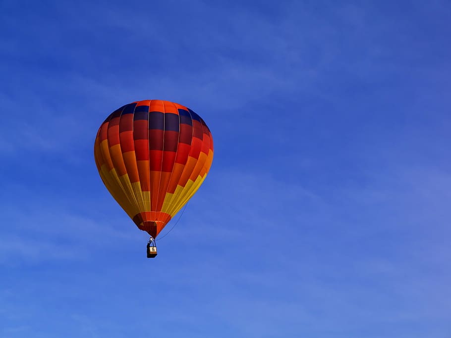 hovering, red, yellow, blue, hot, air balloon, air, balloon, flying, clear