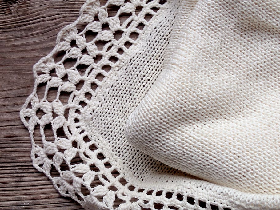 white textile, Handmade, Knit, baby blanket, knitting, crochet, vintage style, white, natural cotton yarn, cotton