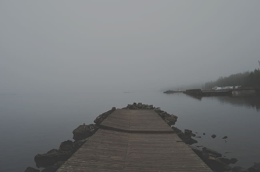 grey, mist, fog, haze, dock, water, stones, plank, tranquility, tranquil scene