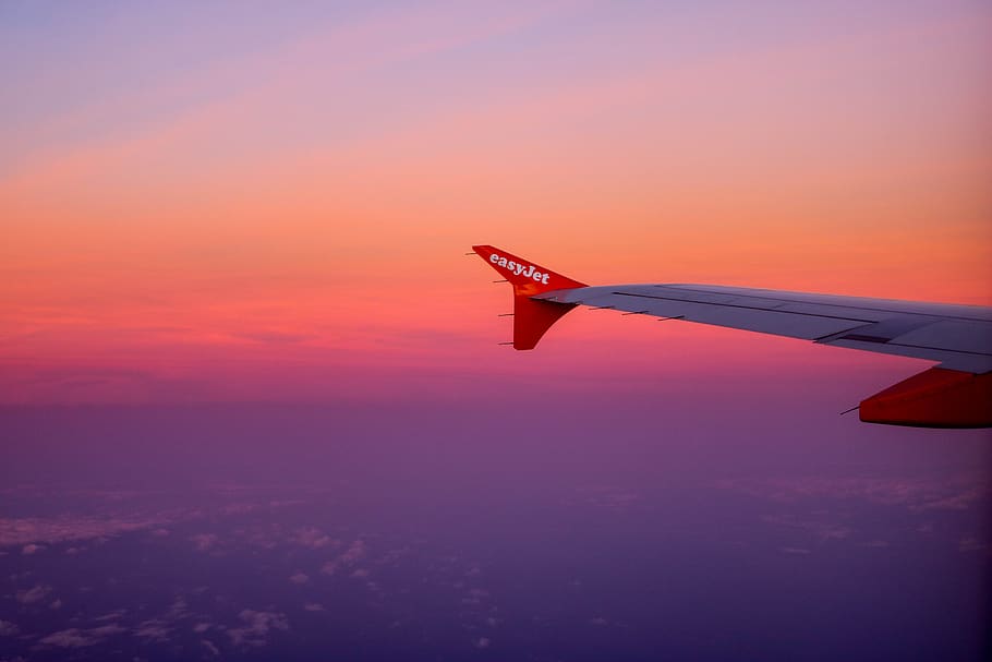 plane, sunset, sky, airplane, air vehicle, aircraft wing, mode of transportation, transportation, flying, cloud - sky