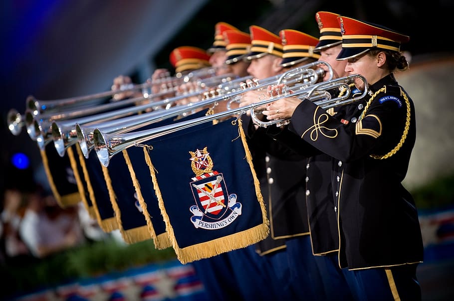 marching, band, using, trombones, blue, flags, trumpeters, heralds, soldiers, army