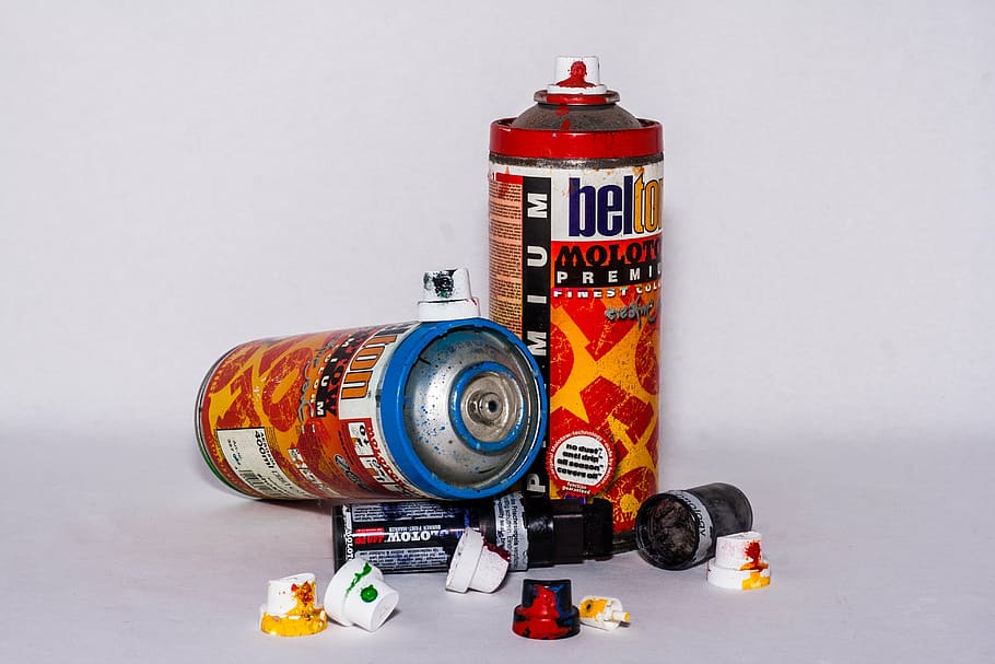 lata de spray, caneta, molotov, cor, pintar, grafite, colorido, preto, vermelho, caixa