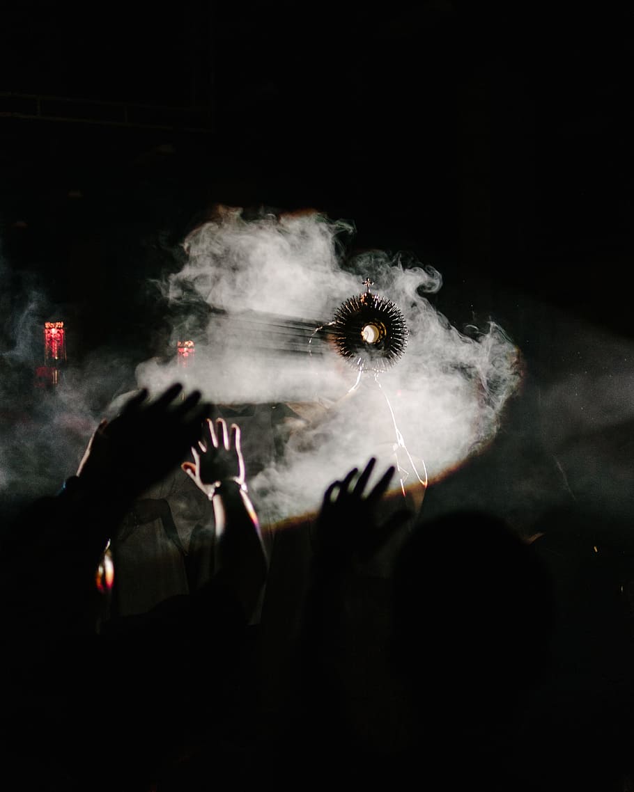 people, concert, surrounded, fog, light, praise, cross, monstrance, hands, worship