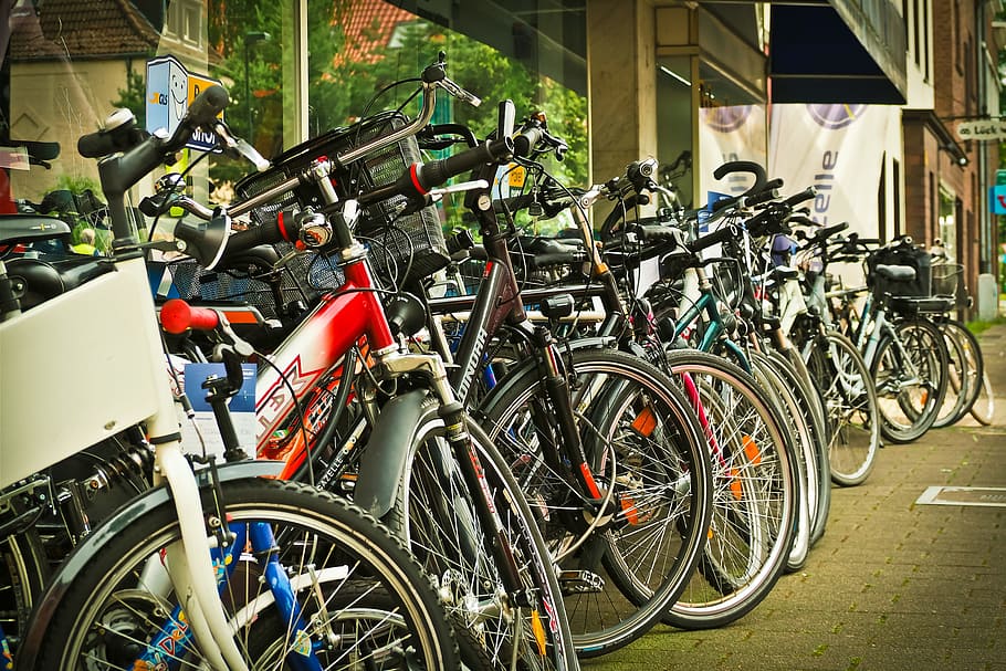 bike parking, store, bicycles, business, urban, shop, cyclists, sale, bike, downtown
