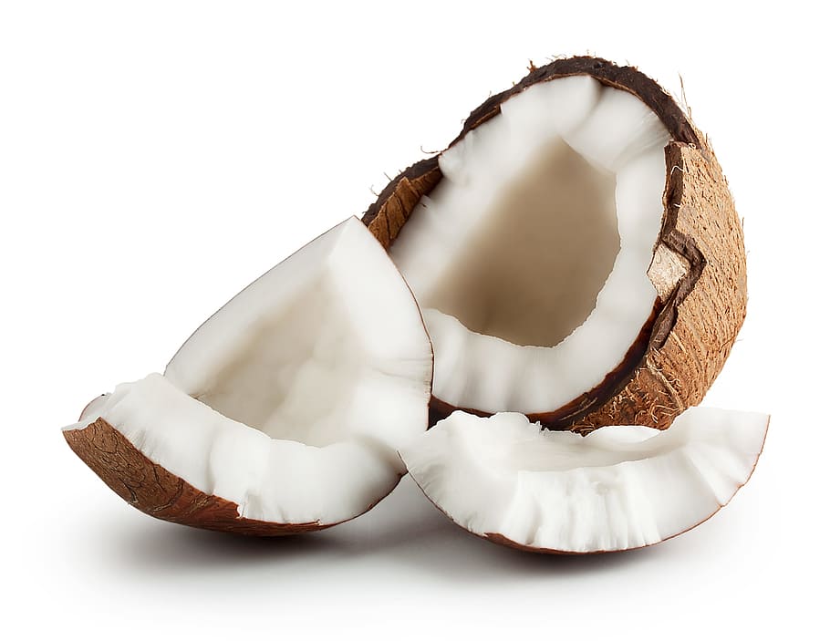 cracked, open, coconut shell, coconut, party, several, white background, food, food and drink, white color