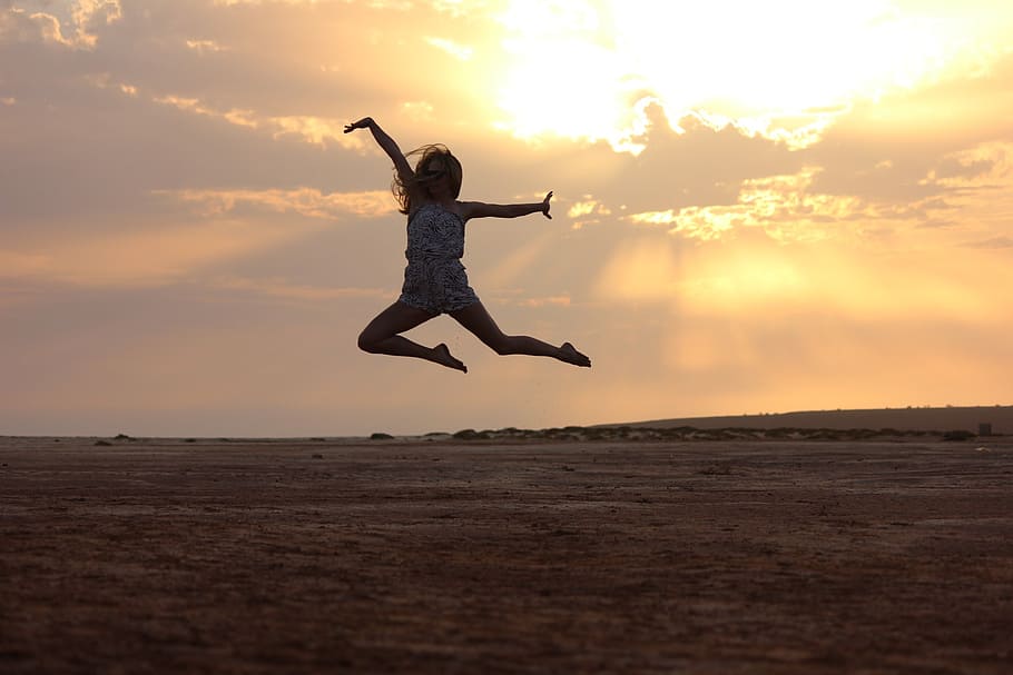 person, jumping, mid, air, cape verde, beach, sunset, in the evening, dance, jump