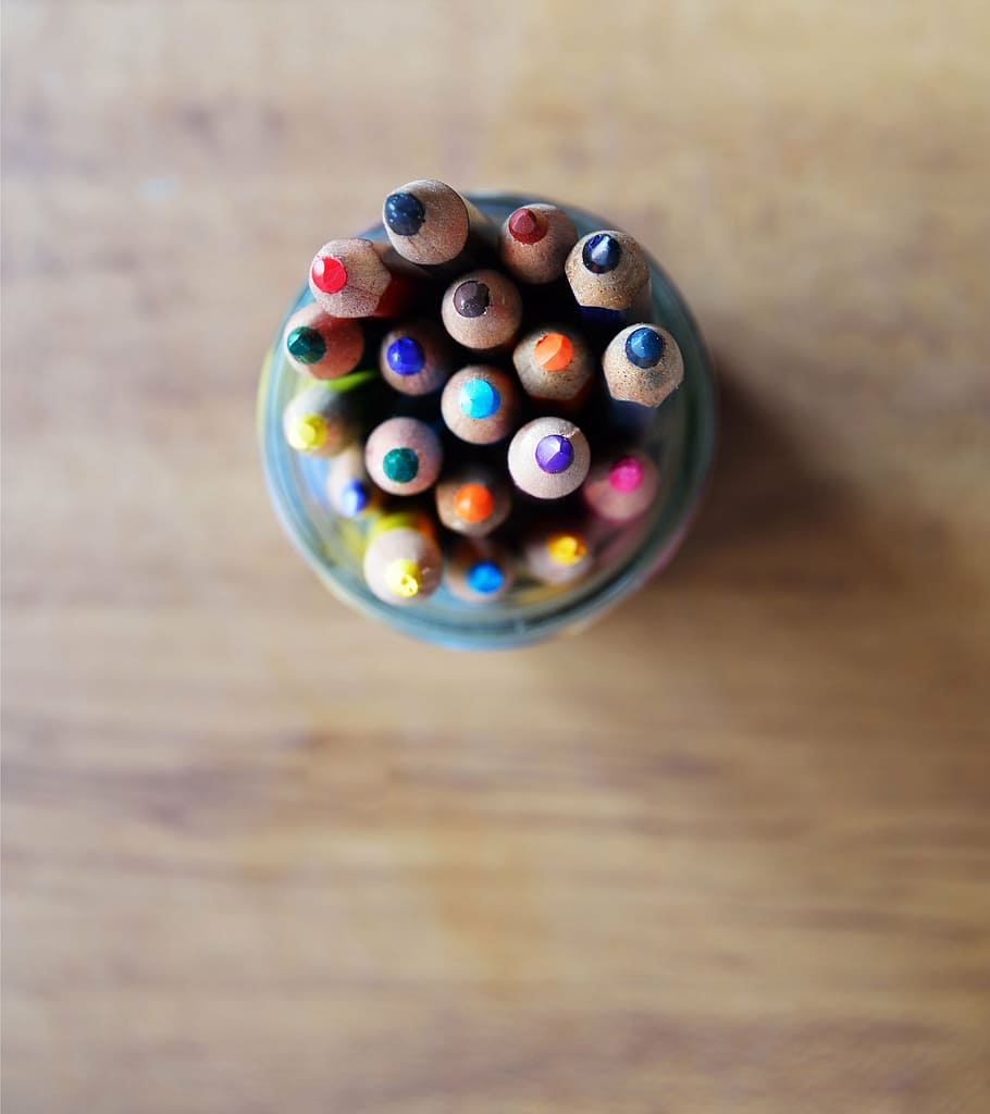 coloring pencils, holder, selective, focus, photography, colored, pencils, container, wooden, surface