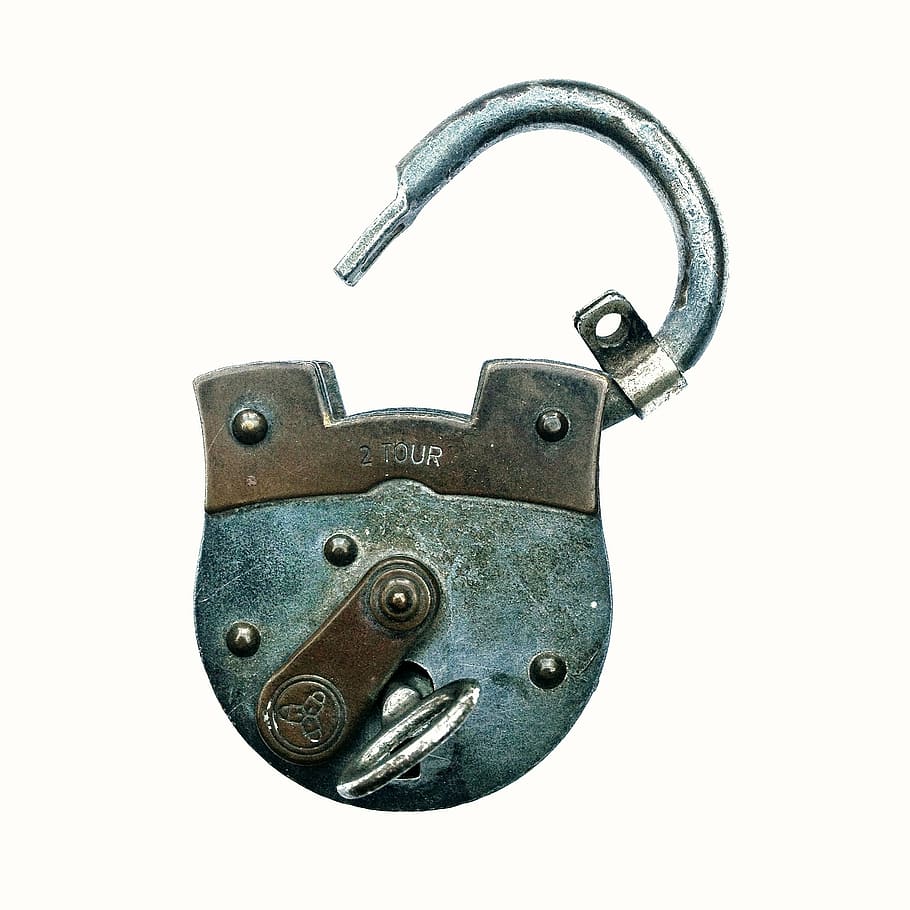 opened, gray, padlock, key, security, metal, cut out, rusty, work tool, white background