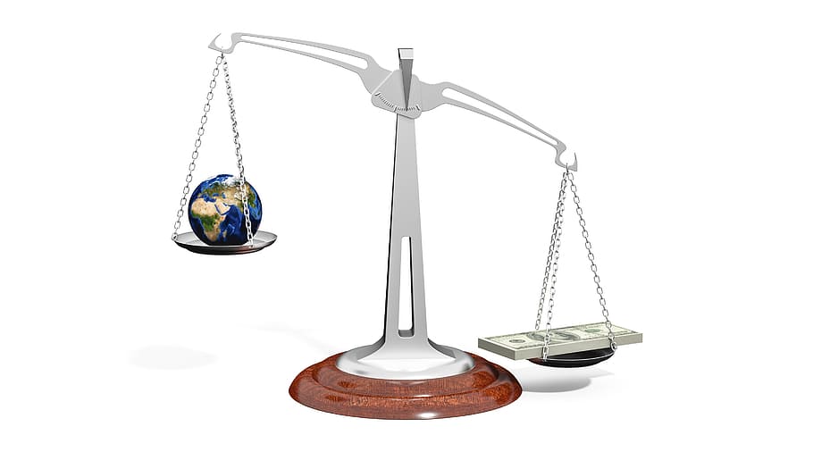 dinero, manual, ilustración a escala, balanza, equilibrio, mundo, globo, importancia, peso, negocios