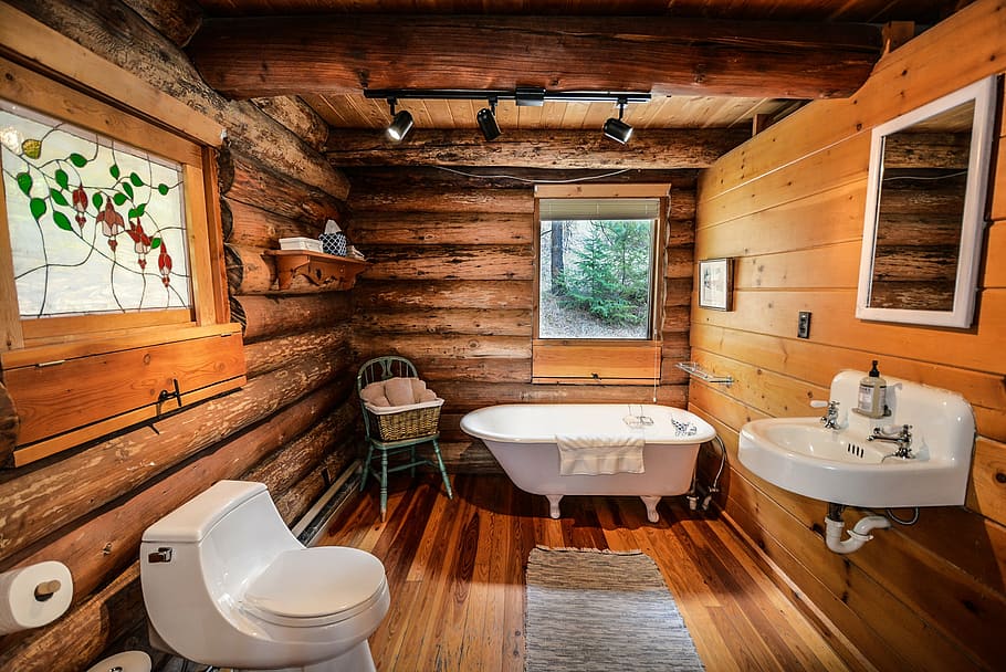 white, ceramic, sink, toilet, bowl, bathtub, inside, room, log home, log