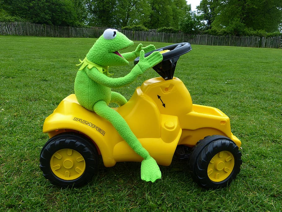 kermit, frog, green, driving tractor, drive, fun, yellow, animal representation, grass, toy