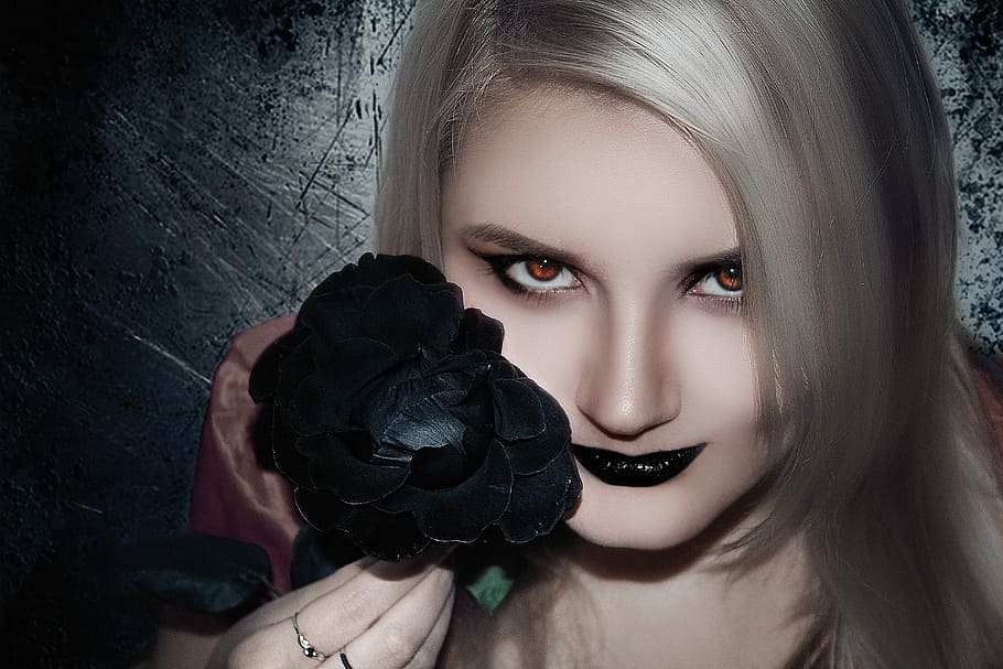 gray, haired woman, holding, black, rose, flower, lipstick, woman, fashion, portrait