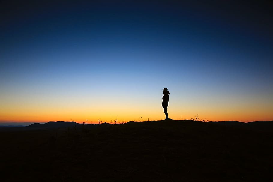silhouette person, standing, ground, silhouette, person, top, heal, clear, blue, sky