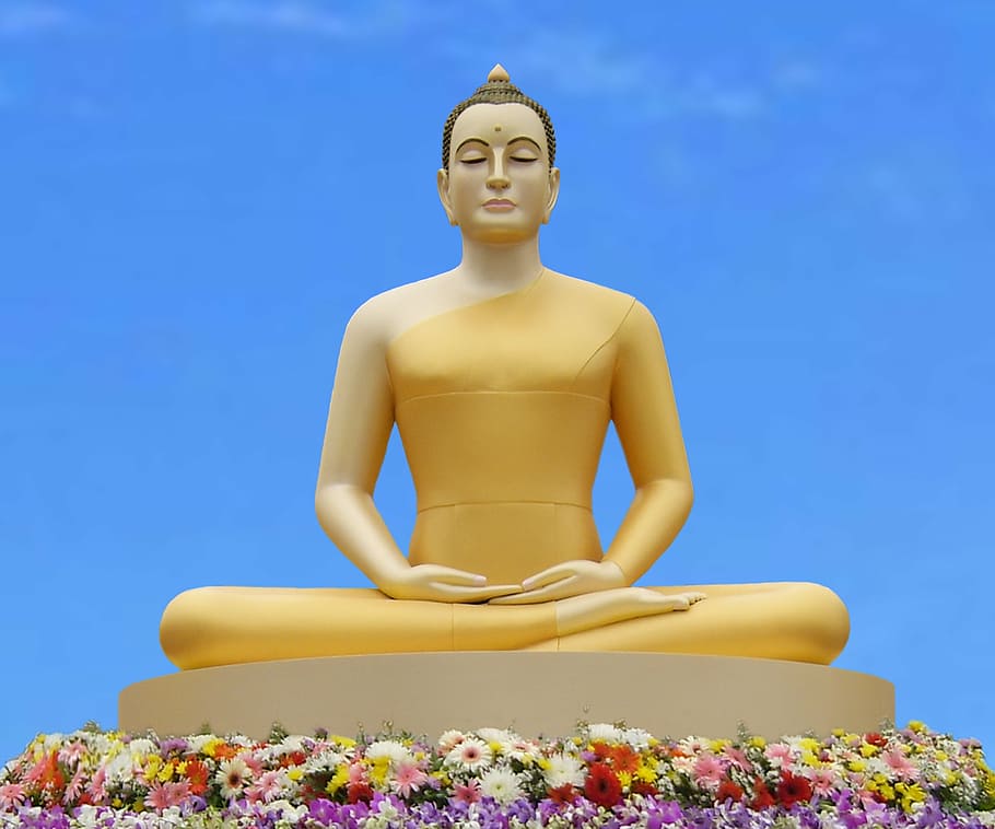 dyhana mudra statue, dikelilingi, bunga, buddha, yoga, meditasi, wat, phra dhammakaya, thailand, emas