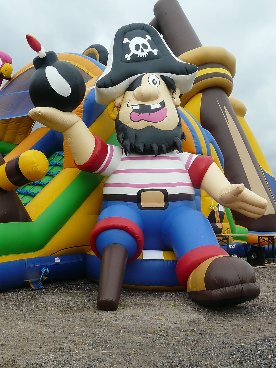 inflatable pirate, bounce, daytime, pirate ship, bouncy castle, air cushion, soft, children, joy, play