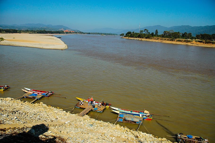 sungai mekong, sungai, segitiga emas, thailand, asia, air, kapal laut, pantai, sekelompok orang, transportasi