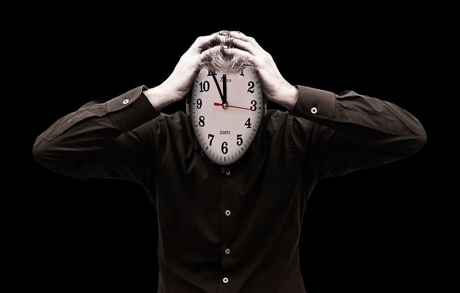 person, holding, wall clock, stress, burnout, businessman, man, dates, baiting, clock