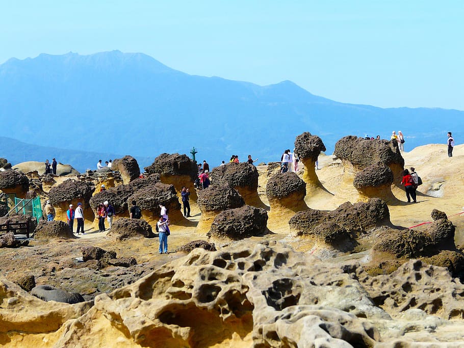 Antena, foto, grupo, personas, de pie, formaciones rocosas, Yehliu Geopark, Taipei, único, hermoso