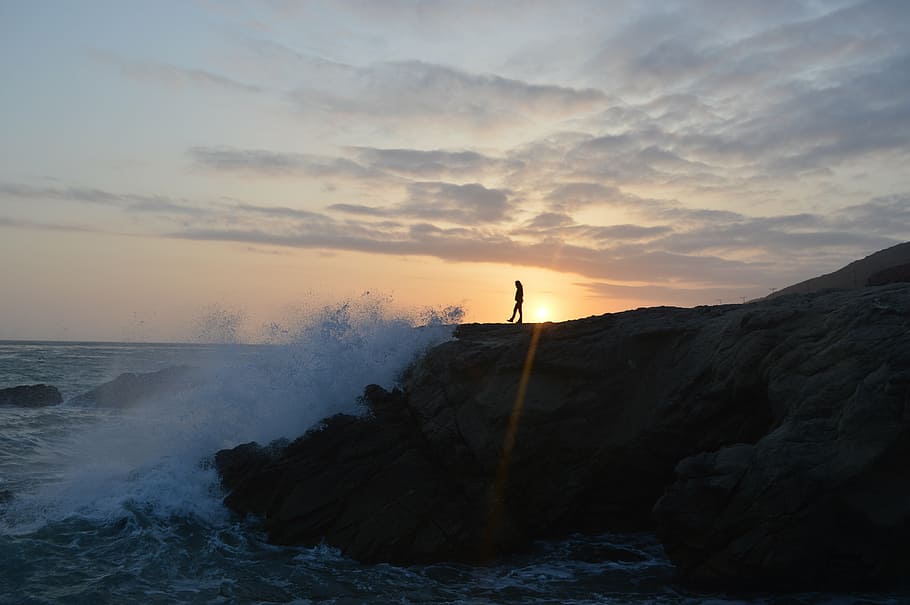 silhouette, person, cliff, man, sunset, breakers, seaside, ocean, silhouette man, sea